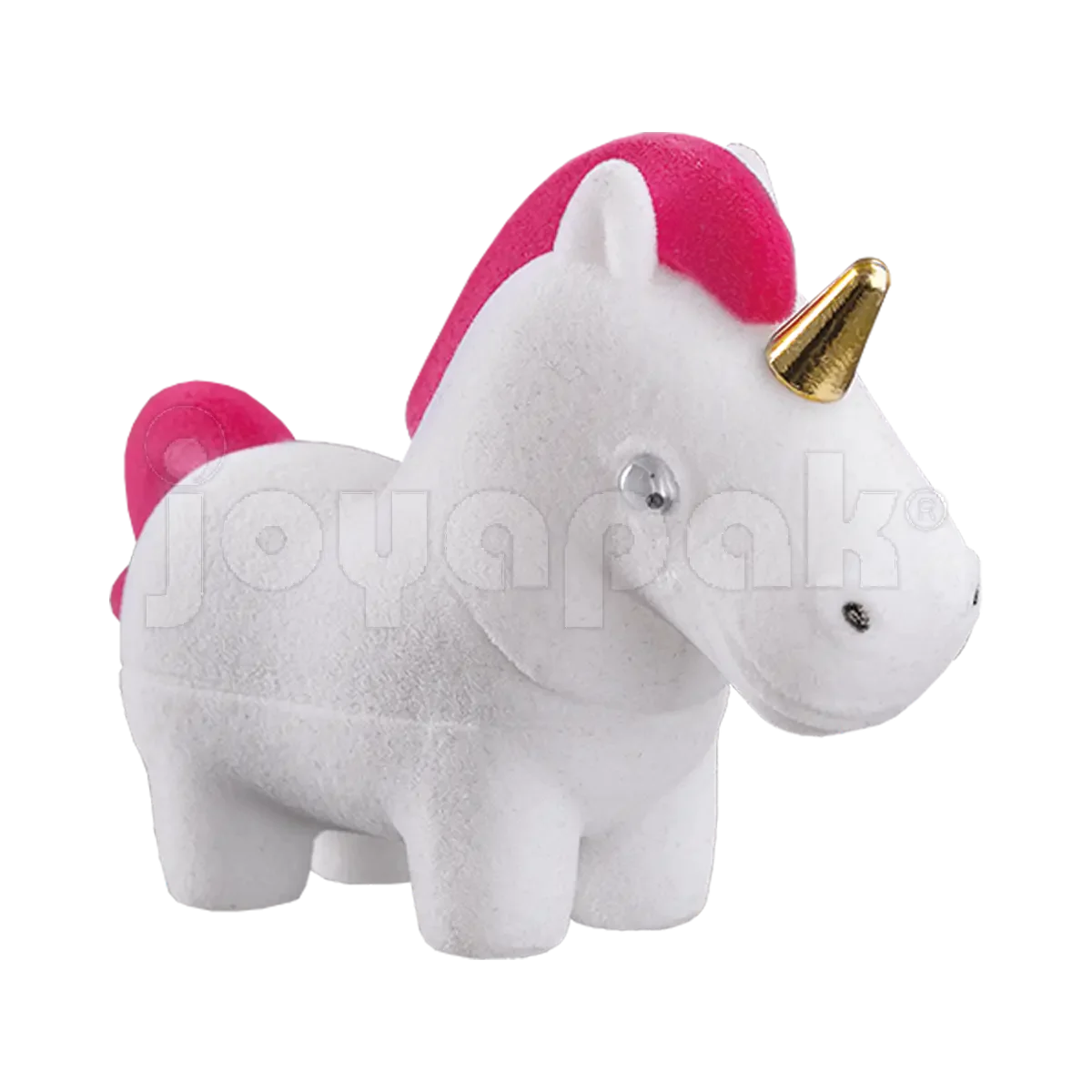 Estuche de terciopelo flocado con figura de unicornio rosa para joyería, vista frontal cerrada.