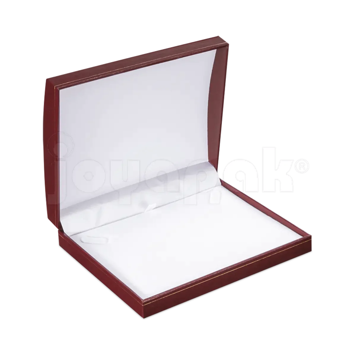 Estuche Europa de pana aterciopelada color vino rectangular amplio para gargantilla, vista de frente cerrada.