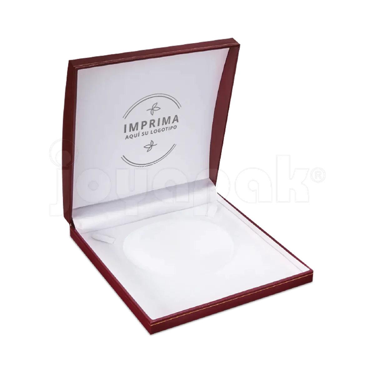 Estuche Europa de pana aterciopelada color vino cuadrado amplio para collar grande, vista de frente cerrada.