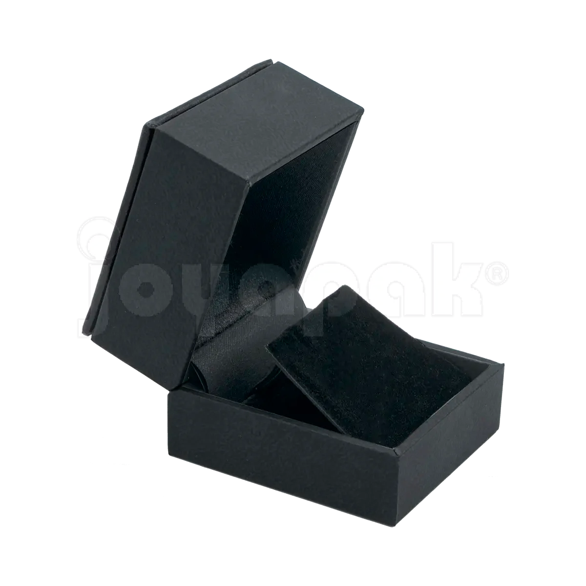 Estuche Italia de color negro con marco interior dorado pequeño para arete, caja abierta mostrando el inserto de terciopelo blanco vacío con perforaciones.