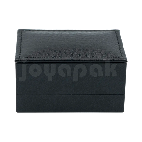 Estuche Italia de color negro con marco interior dorado mediano para argollas, vista de frente rectangular cerrada.