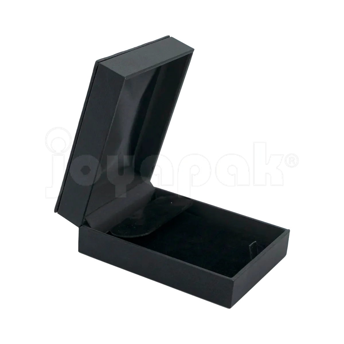 Estuche Italia de color negro con marco interior dorado mediano para aretes o dijes, caja abierta mostrando el inserto de terciopelo blanco vacío con cortes.