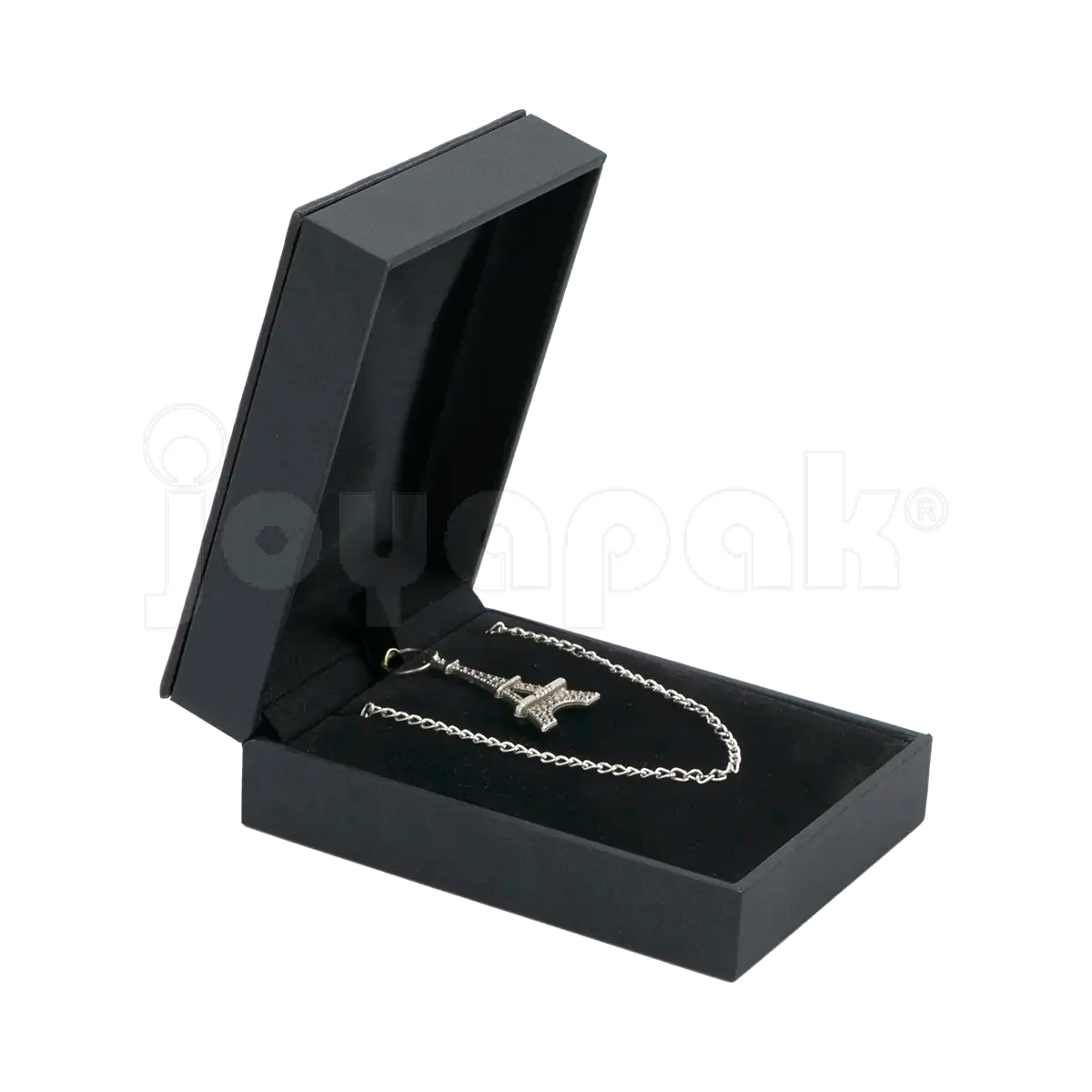 Estuche Italia color negro para cadena con dije, caja abierta mostrando joyería.