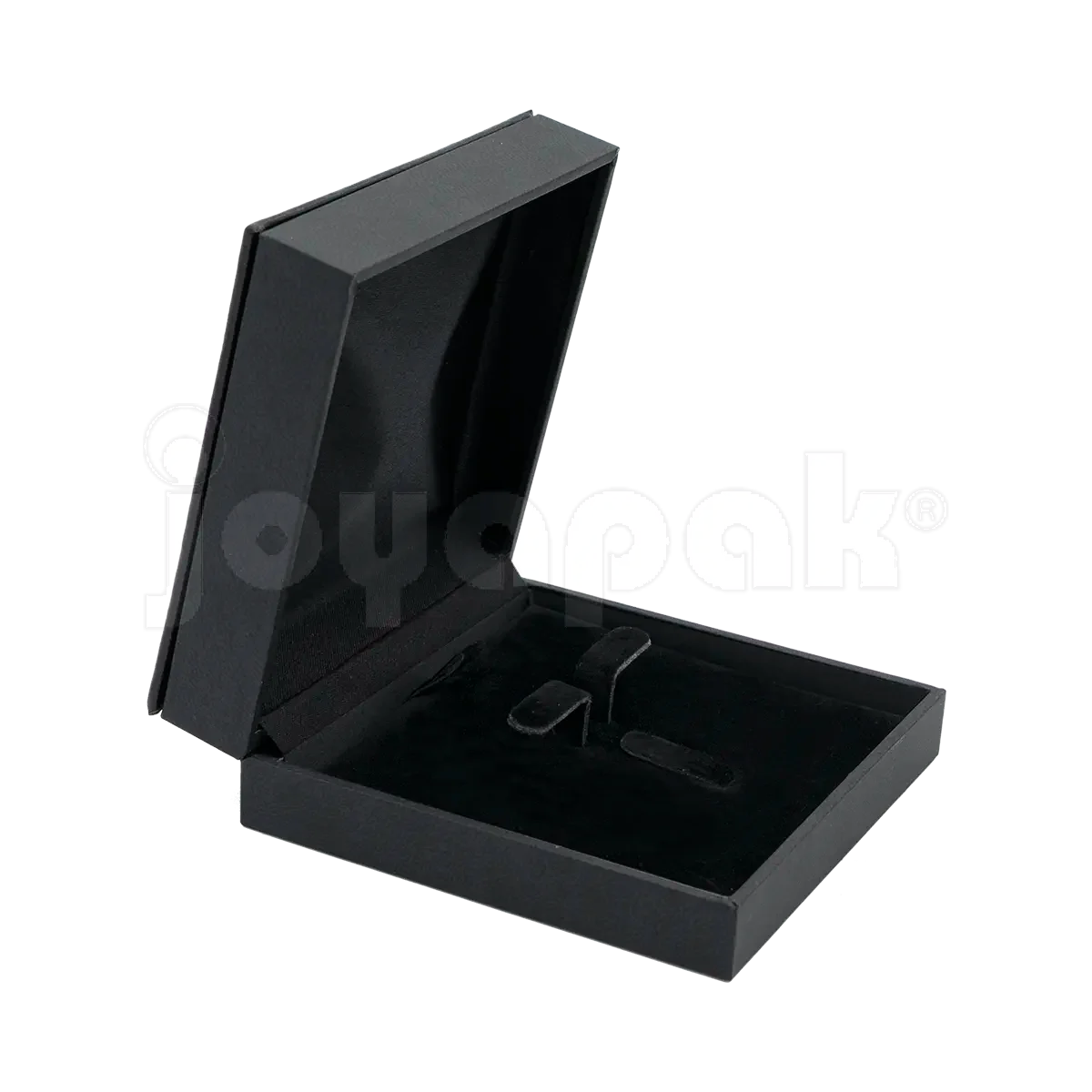Estuche Italia de color negro con marco interior dorado grande para juego, caja abierta mostrando el inserto de terciopelo blanco vacío con cortes para joyería.