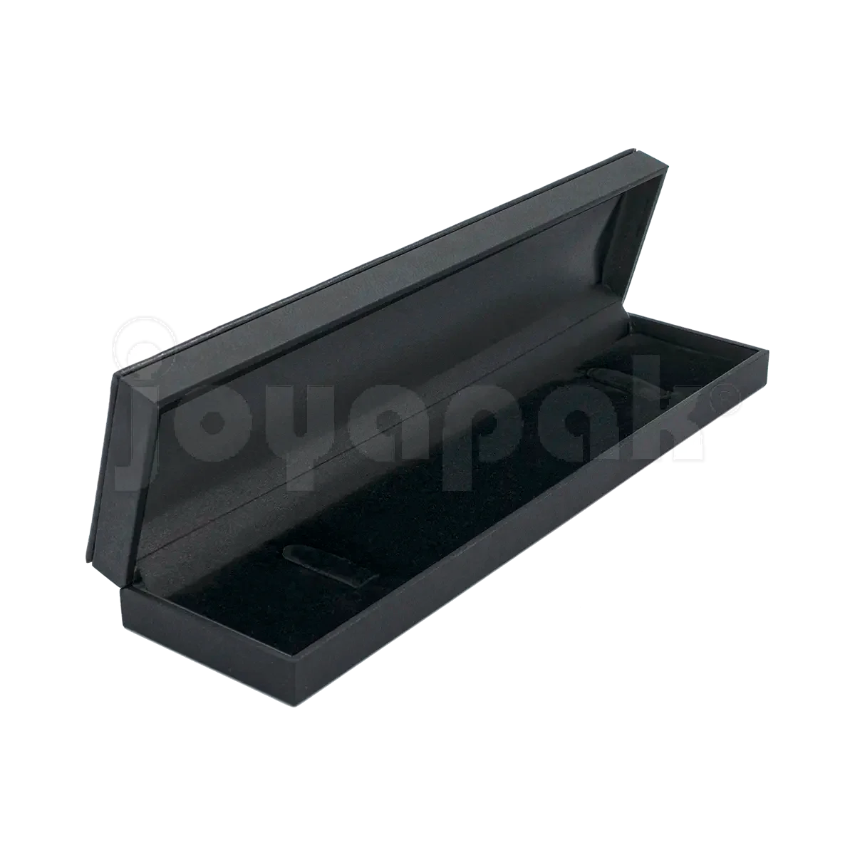 Estuche Italia de color negro con marco interior dorado estrecho para pulsera, caja abierta alargada mostrando la almohadilla blanca de terciopelo vacía.