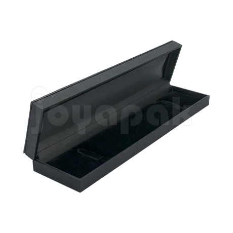 Estuche Italia de color negro con marco interior dorado estrecho para pulsera, caja abierta alargada mostrando la almohadilla blanca de terciopelo vacía.