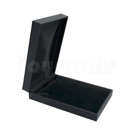 Estuche Italia de color negro con marco interior dorado rectangular para gargantilla, caja abierta mostrando el inserto de terciopelo blanco vacío con cortes para joyería.