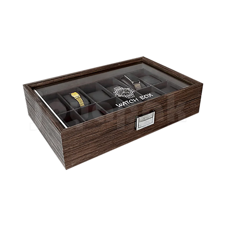 Estuche cerrado frontal de madera Negro con ventana para 12 relojes.